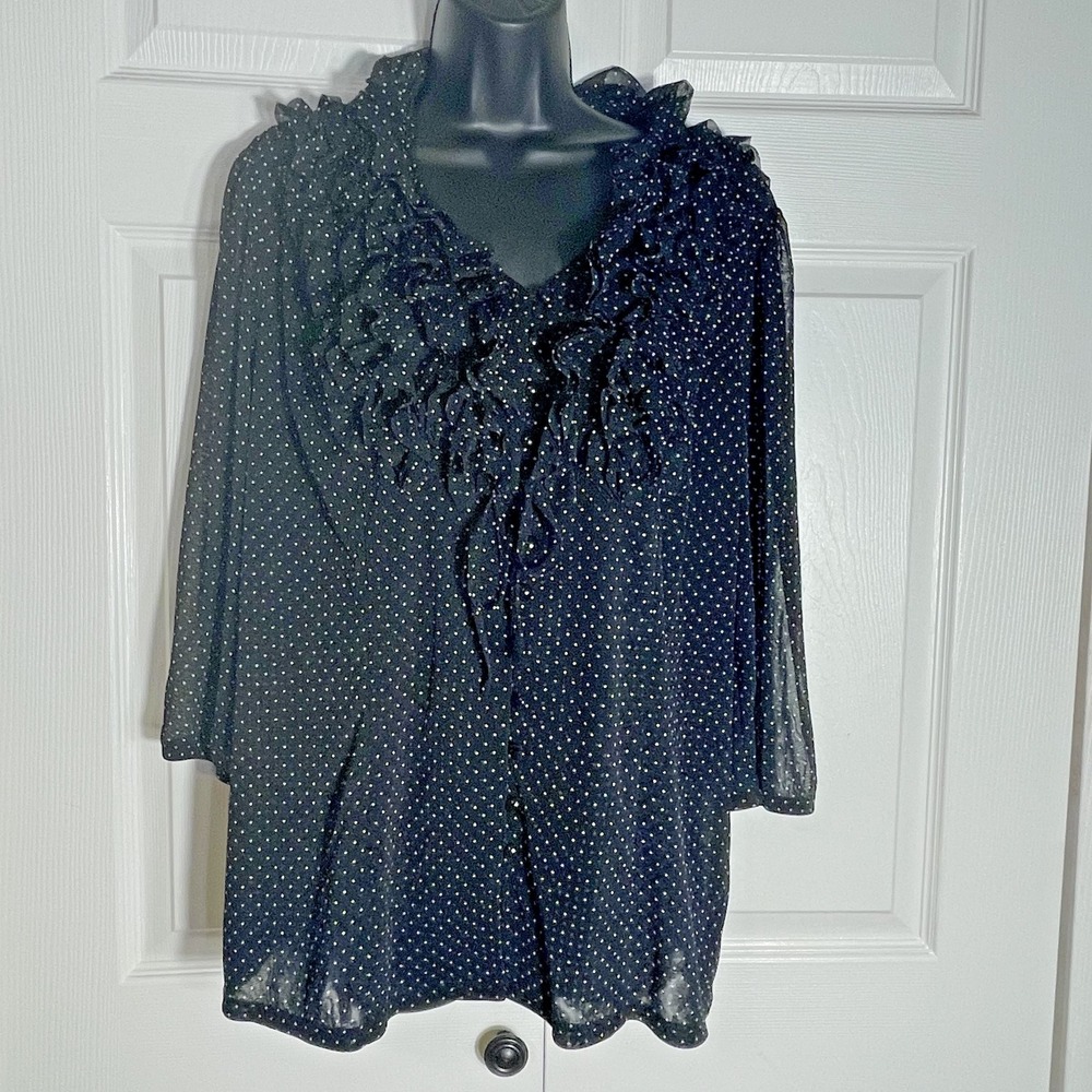 INC International Concepts Ruffle Shirt Women 1X Black Polka Dot Sheer Button Up